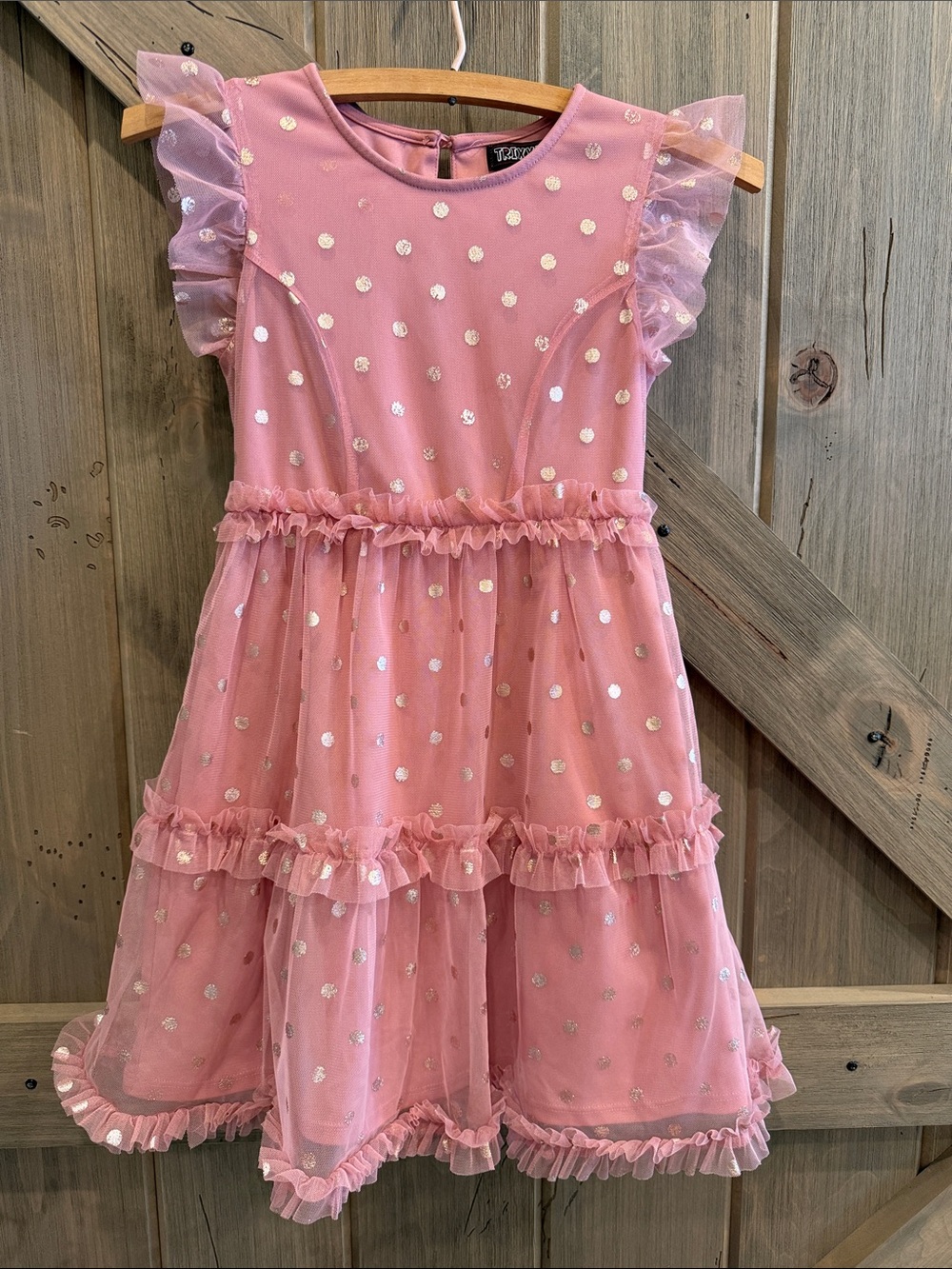 Girls' Pink Ruffle Polka Dot Party Dress with Tulle Layers Size 7